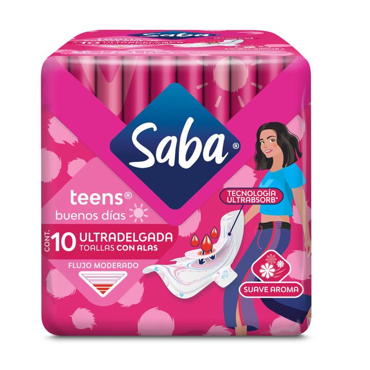 Toallas Femeninas Saba Teens Ultradelgada Con Alas Con 10 Pz