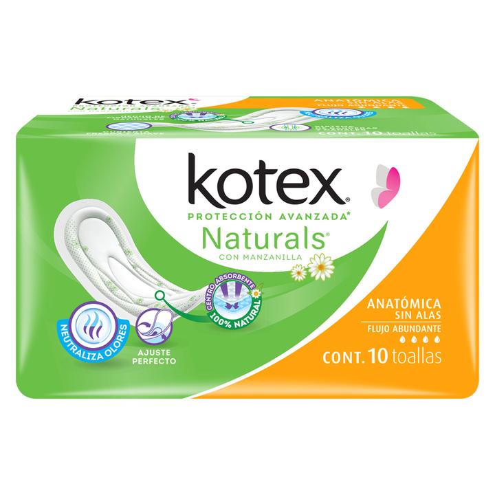Toallas Femeninas Kotex Naturals Anatómica Sin Alas Para Flujo Abundante Con 10 Pz