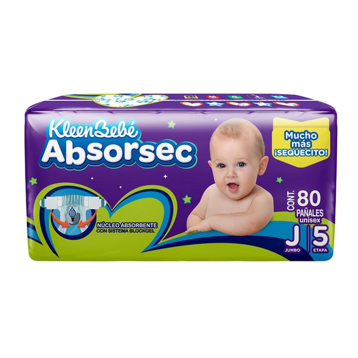 Pañal Para Bebé Kleenbebé Absorsec Etapa 5 Jumbo Unisex Para 11-14.5 Kg Con 80 Pz
