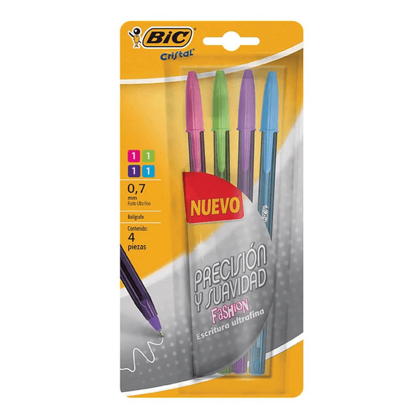Bolígrafo Bic Cristal Ultrafino 0.7 Mm Surtido De Colores 4 Pz