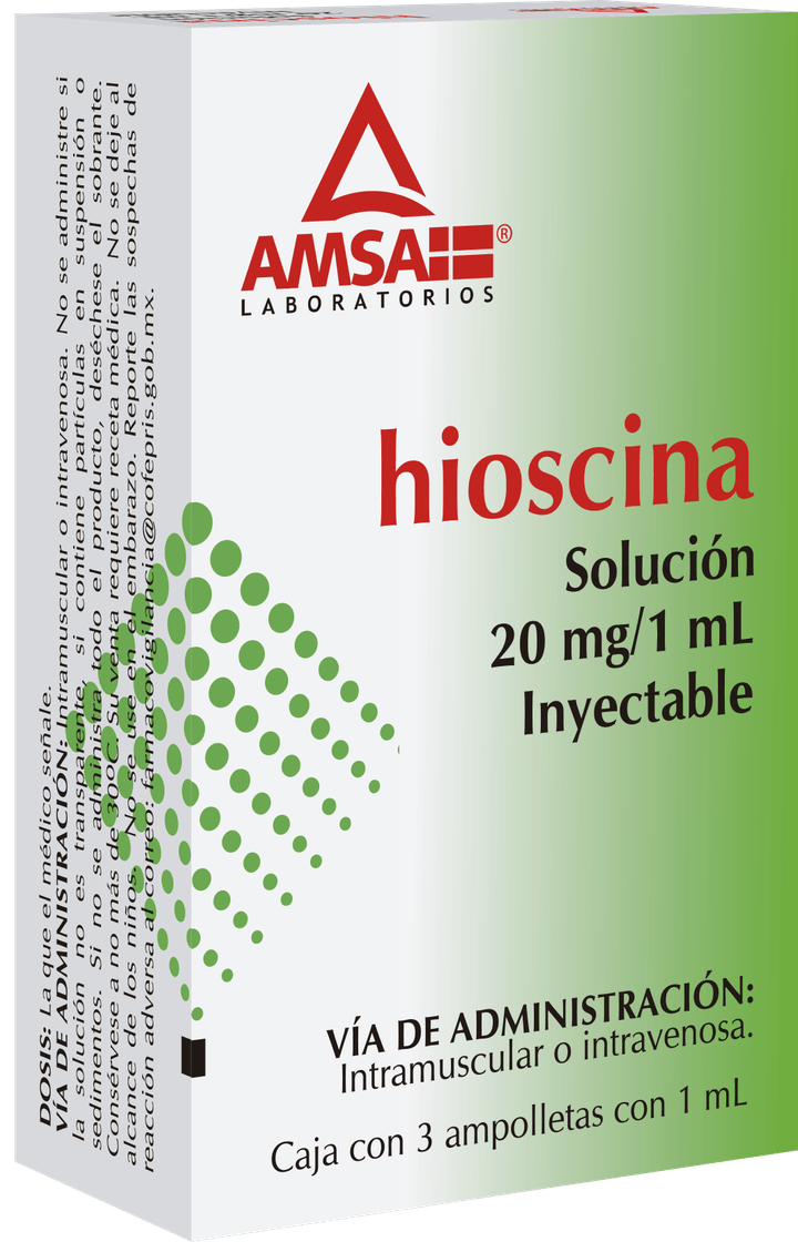 Amsa Hioscina Solución Inyectable 20 Mg 3 Ampolletas 1 Ml