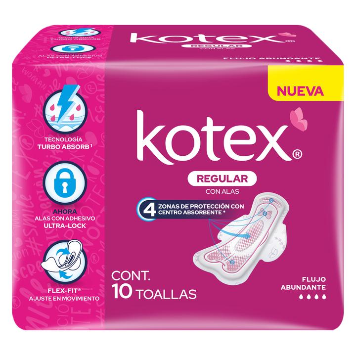 Toallas Femeninas Kotex Regular Con Alas Para Flujo Abundante Con 10 Pz