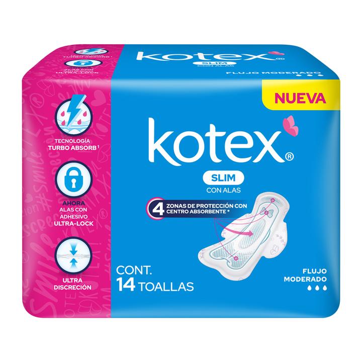 Toallas Femeninas Kotex Slim Con Alas Para Flujo Moderado Con 14 Pz