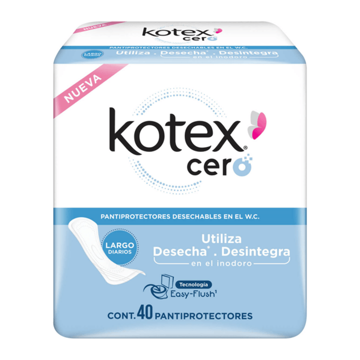 Pantiprotectores Kotex Cero Largos De Uso Diario Easy-Flush Con 40 Pz