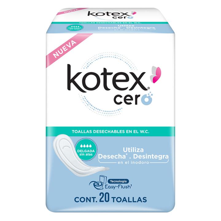 Toallas Femeninas Kotex Cero Delgada Sin Alas Easy-Flush Con 20 Pz
