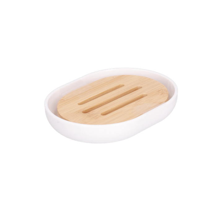 Jabonera De Plastico Blanca Con Bambu 12.2 X 9.3 1 Pz