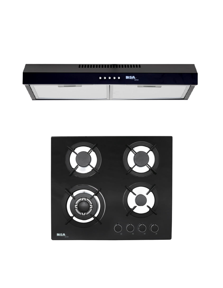 Combo Disa Home Parrilla A Gas 4 Quemadores Cristal Templado Y Campana Extractora De Pared Negro Mate 60 Cm Disa Home