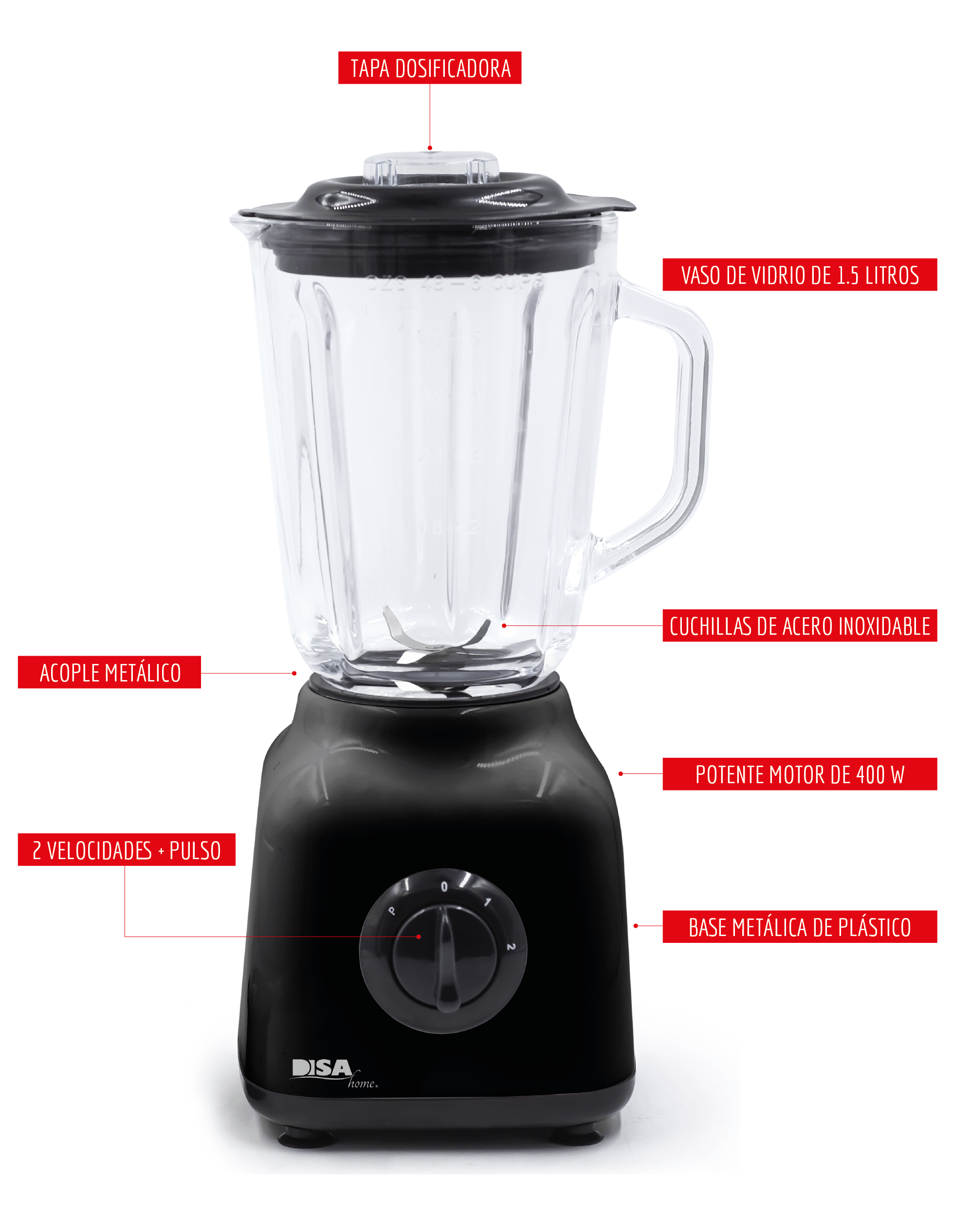 Licuadora Disa Home Essential Vaso Vidrio 1.5 L 2vel.+ Pulso Color Negro