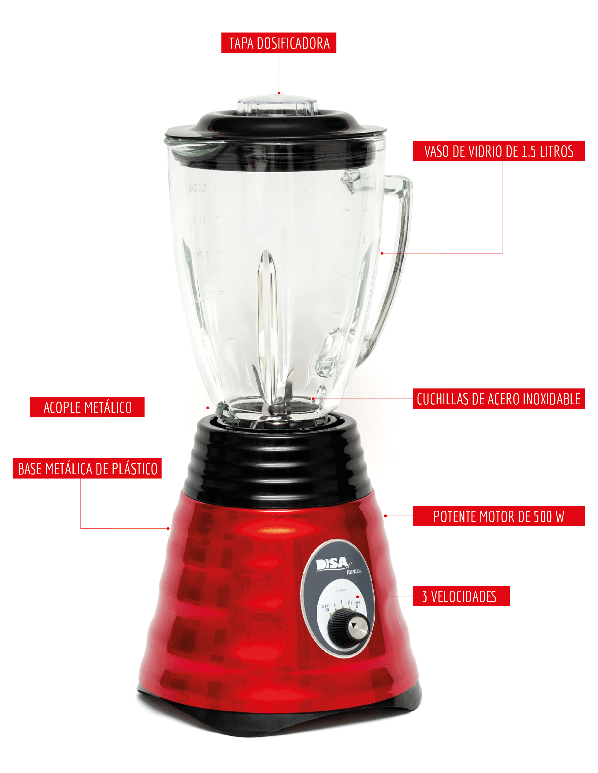 Licuadora Disa Home Pro Vaso De Vidrio 1.5 Lts. 3 Vel. Color Rojo