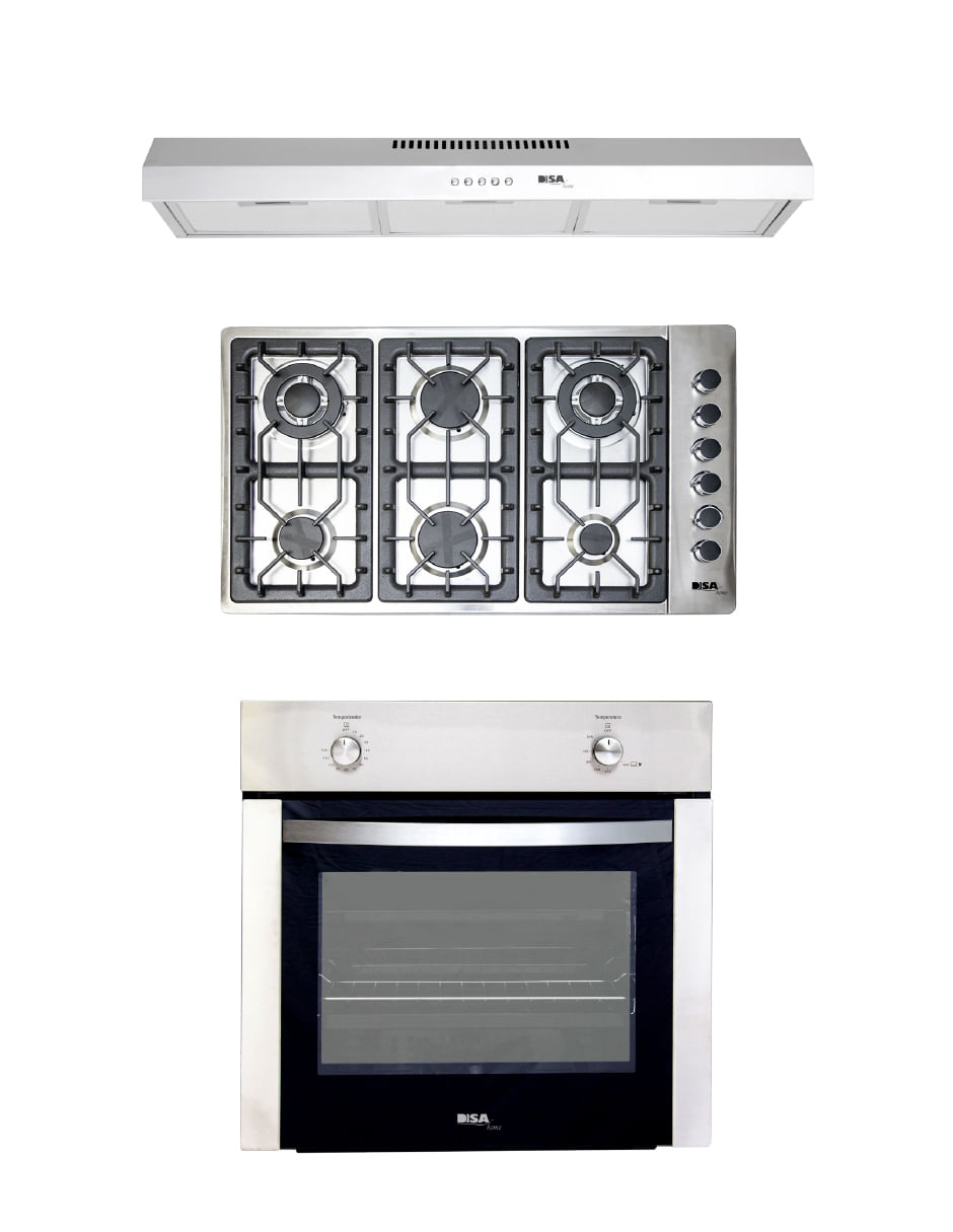 Combo Disa Home Parrilla A Gas 6 Quemadores Acero Inox, Campana Extractora De Pared Acero Inox 80 Cm Y Horno A Gas