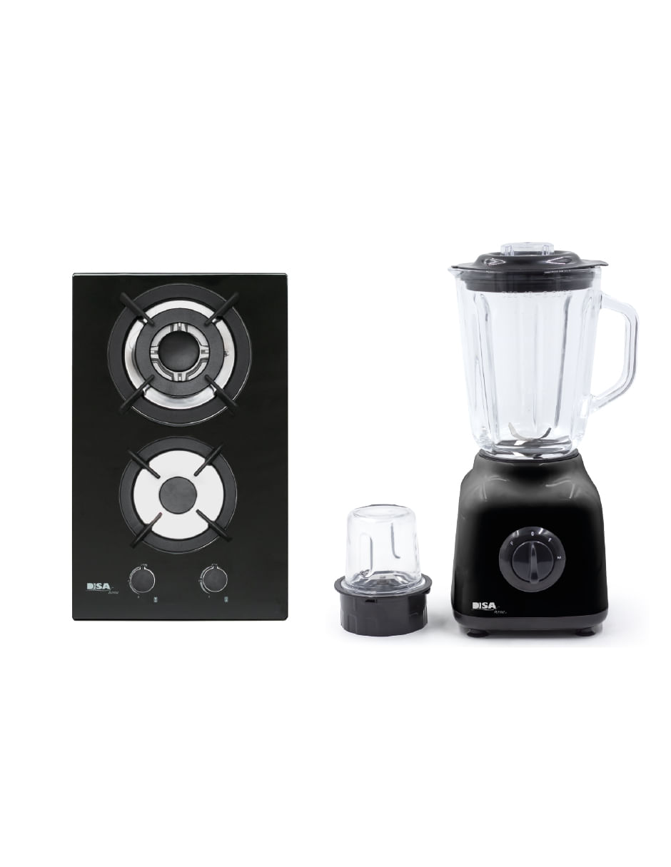 Combo Disa Home Parrilla A Gas 2 Quemadores Cristal Templado Y Licuadora Essential 2 Vel. Con Pulso