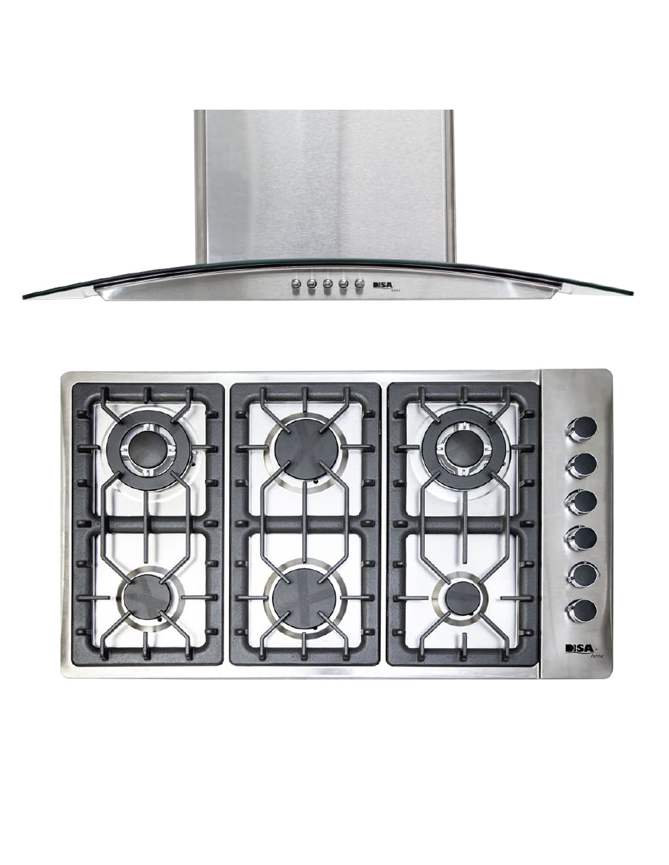 Combo Disa Home Parrilla A Gas 6 Quemadores Acero Inox Y Campana Extractora De Pared Acero Inox 60 Cm Disa Home