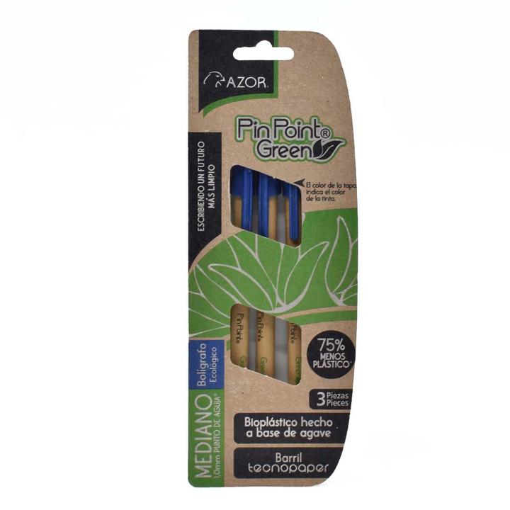 Set De Bolígrafos Ecológicos Punta Mediana Color Azul Con 3 Pz