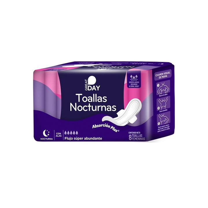 Great Day Toallas Nocturnas Con Alas Flujo Súper Abundante 8 Pz