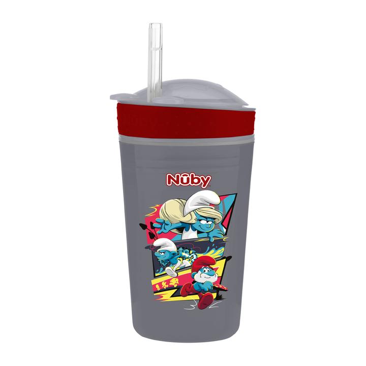 Vaso Antiderrames Nuby Con Popote De Silicón Snack N' Sip Colección De Pitufos