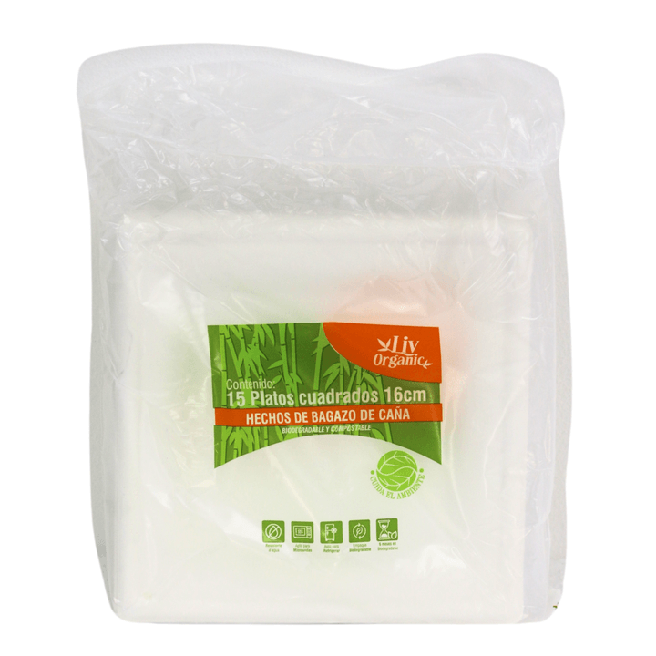 Platos Desechables Liv Organic Cuadrados Compostables 16 Cm Con 15 Pz