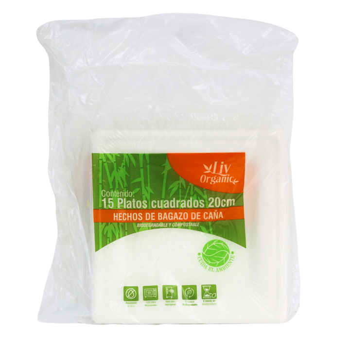Platos Desechables Liv Organic Cuadrados Compostables 20 Cm Con 15 Pz