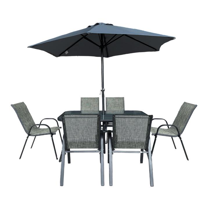 Set De Patio Outdoor Solutions Comedor Gris Y Sombrilla Con 8 Pz